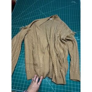Ellison Womens Camel Tan Cable Knit Fringe Shoulder Open Fron Cardigan Sweater L